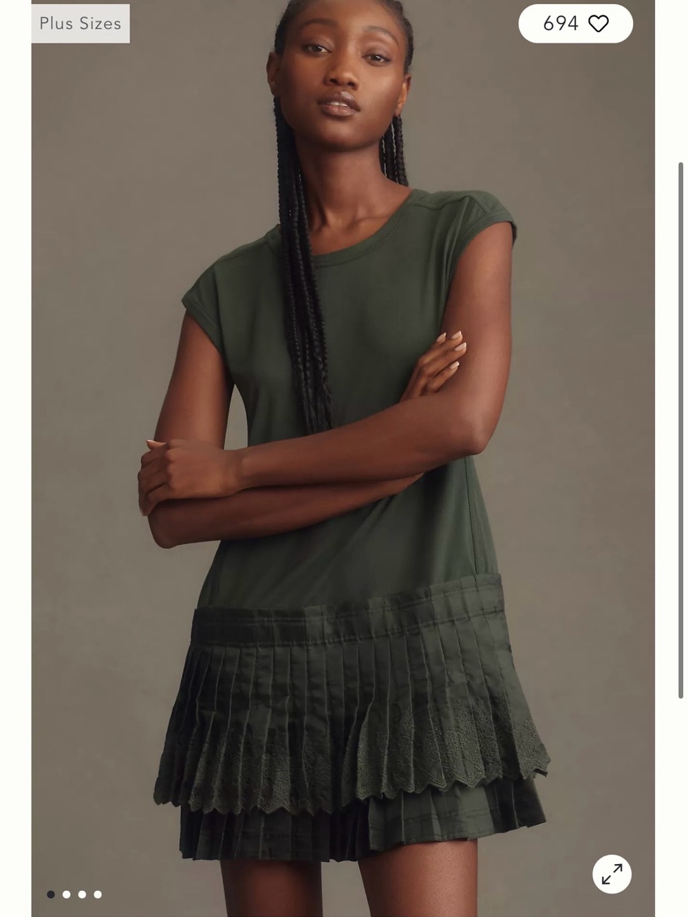 Anthropologie Daily Practice Dress Small Green Solid Set Pleated Drop Waist Mini